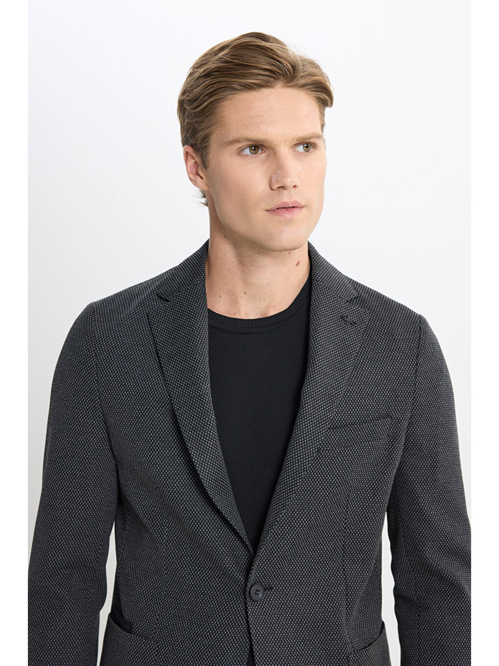 Erkek Siyah Slim Fit Dar Kesim Mono Yaka Desenli Torba Cepli Ceket-4