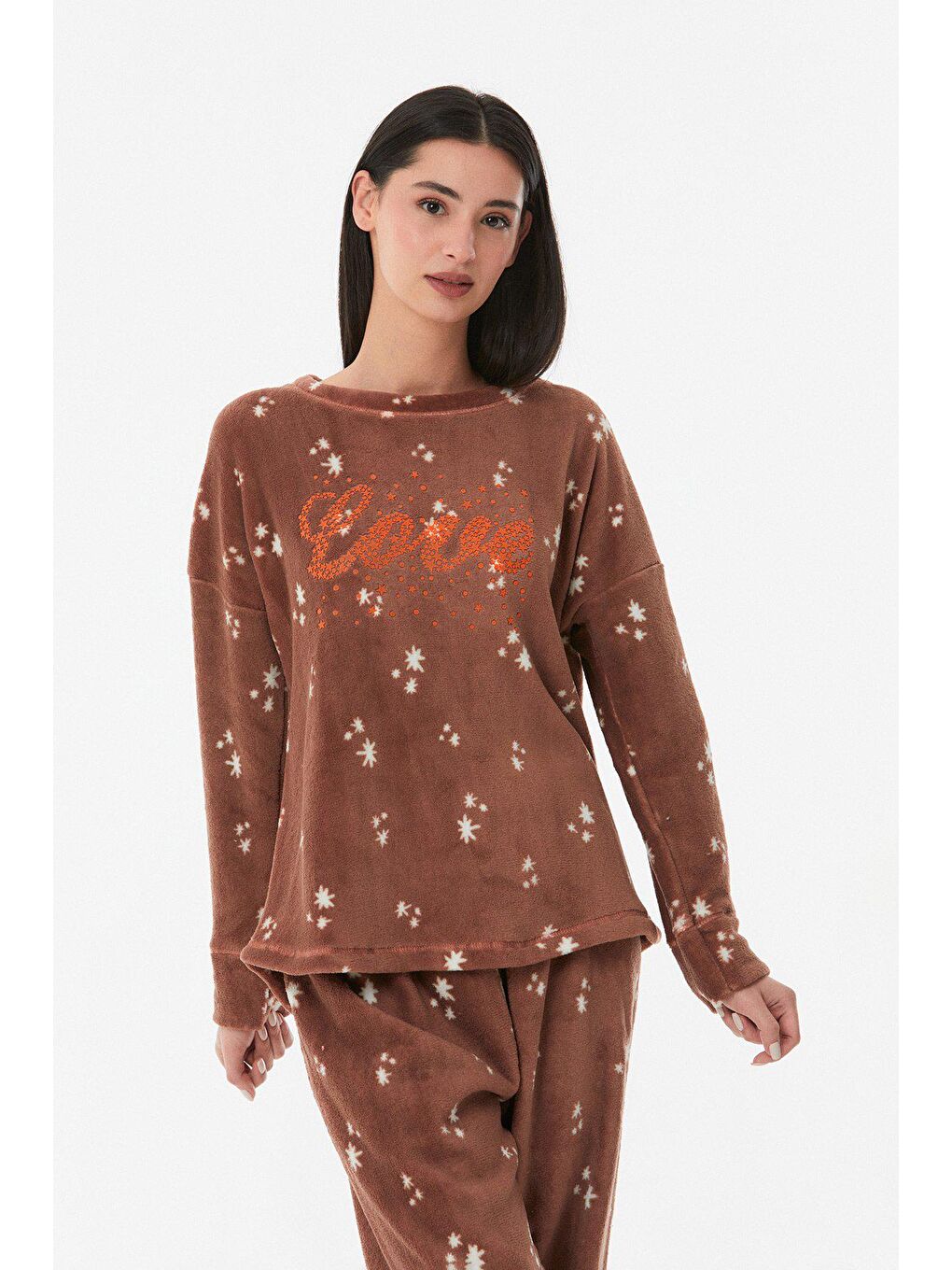 Kahverengi Yıldız Baskılı Bisiklet Yaka Pijama Takımı-2