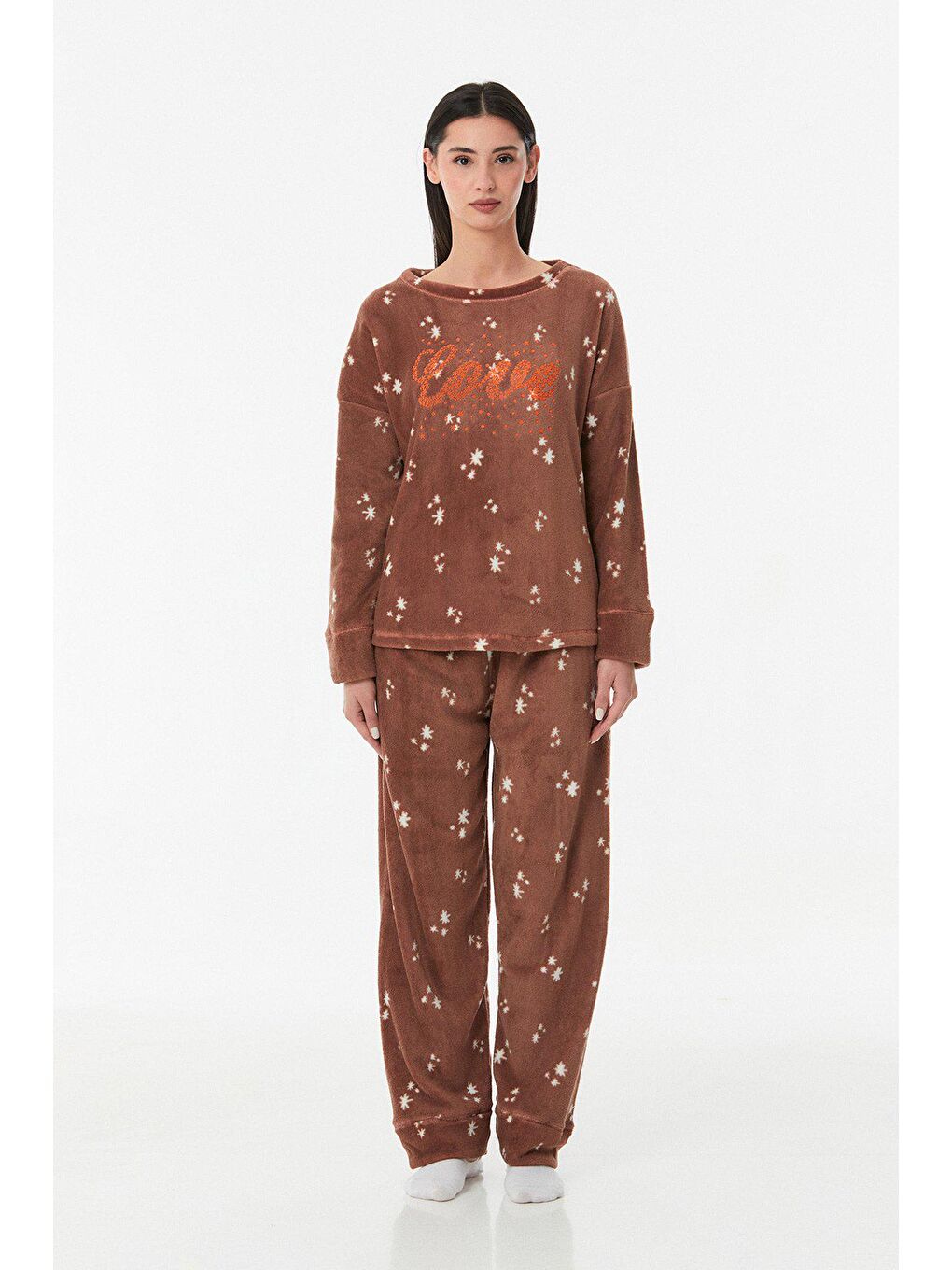 Kahverengi Yıldız Baskılı Bisiklet Yaka Pijama Takımı-3