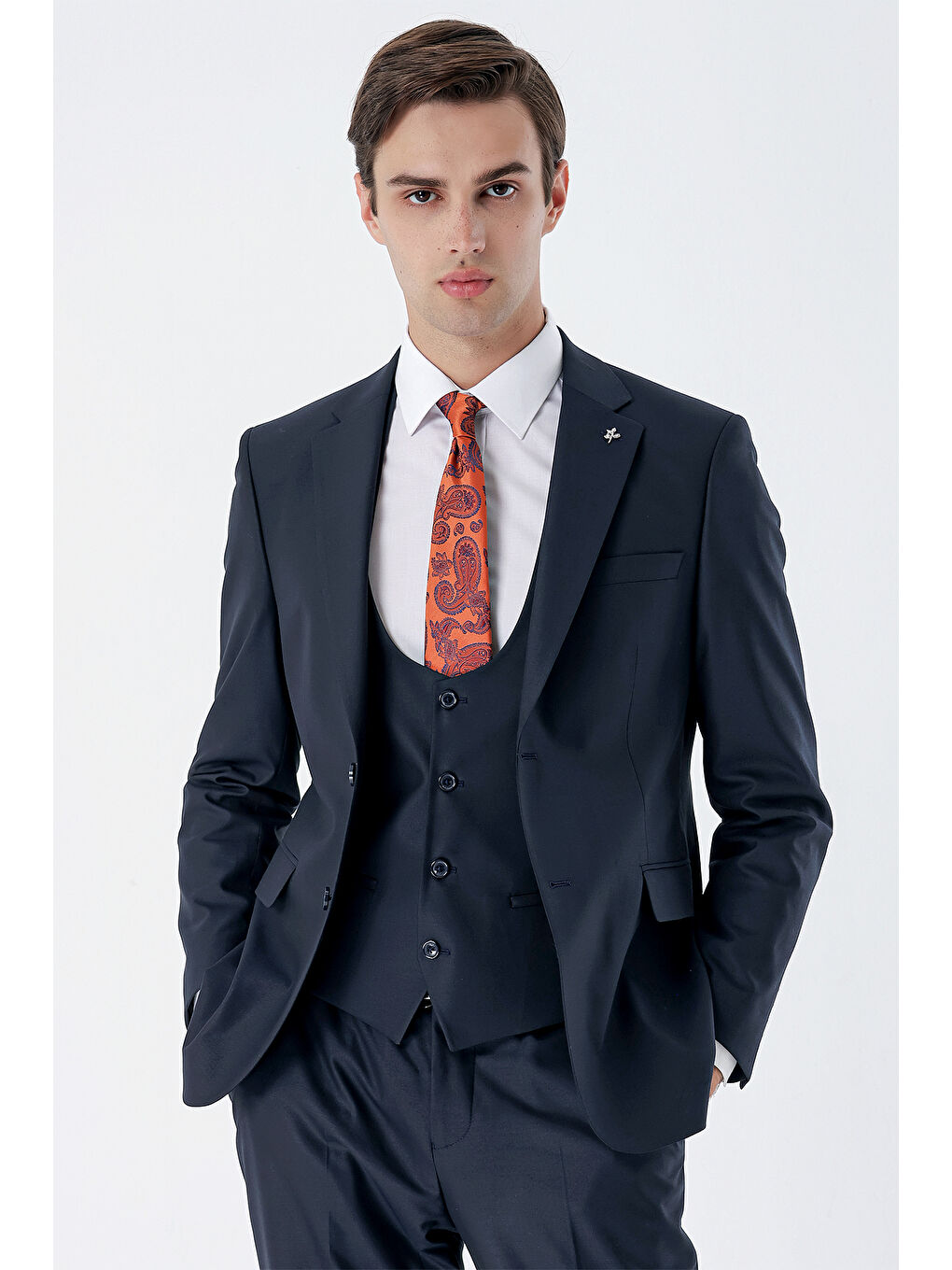 Lacivert Mono Yaka Çift Yırtmaç Yelekli 6 Drop Slim Fit Dar Kesim Basic Takım Elbise 1001240186-4