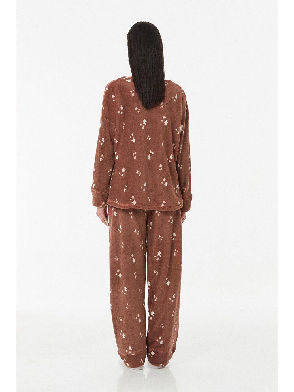 Kahverengi Yıldız Baskılı Bisiklet Yaka Pijama Takımı-4