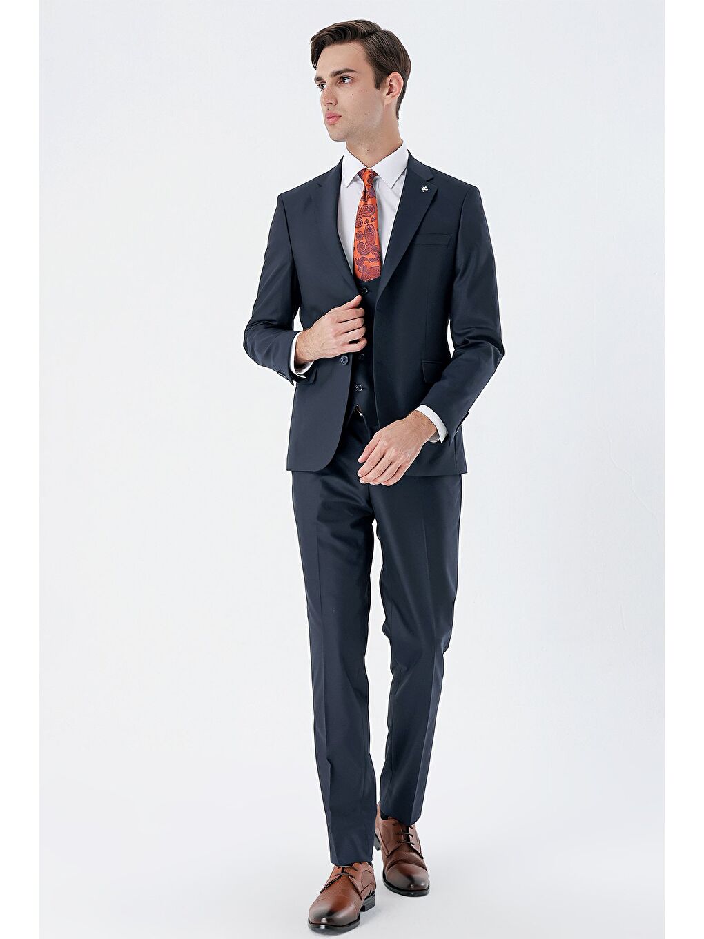 Lacivert Mono Yaka Çift Yırtmaç Yelekli 6 Drop Slim Fit Dar Kesim Basic Takım Elbise 1001240186-3