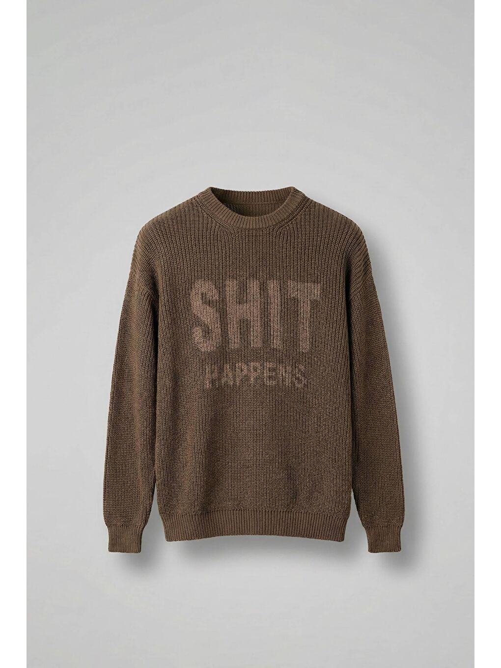 Kahverengi Erkek Relaxed Fit Yıkamalı Örme Kazak %100 Pamuk Kahve