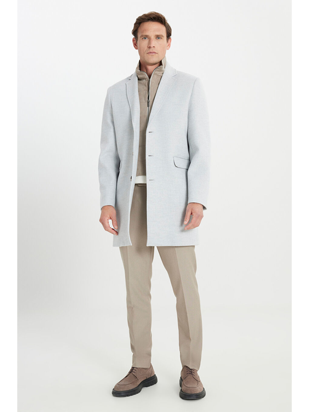 Erkek Gri Standart Fit Normal Kesim Mono Yaka Kapak Cepli Kaşe Kaban-1