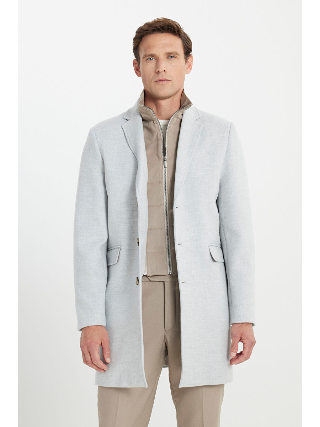 Erkek Gri Standart Fit Normal Kesim Mono Yaka Kapak Cepli Kaşe Kaban-2