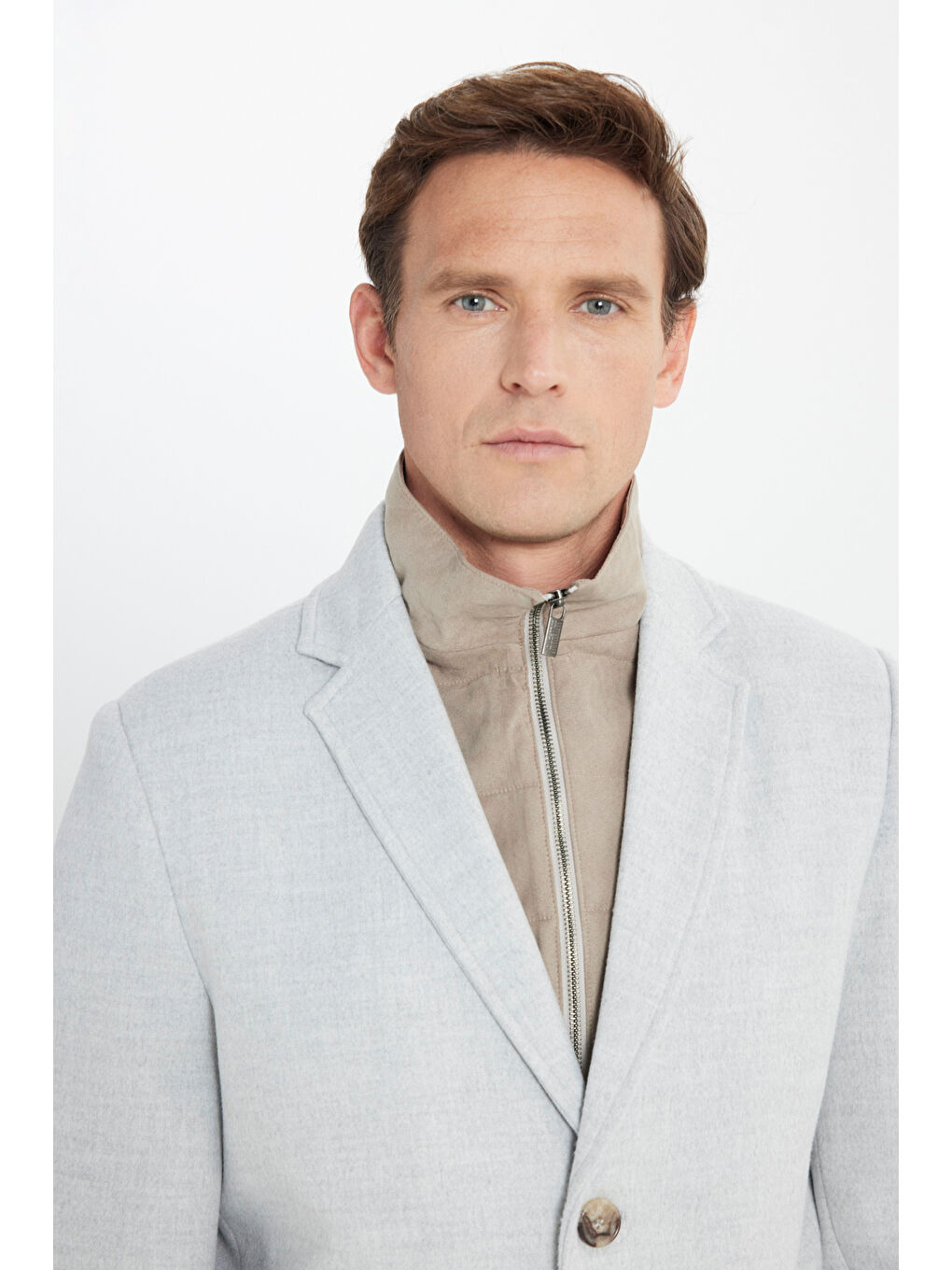 Erkek Gri Standart Fit Normal Kesim Mono Yaka Kapak Cepli Kaşe Kaban-4