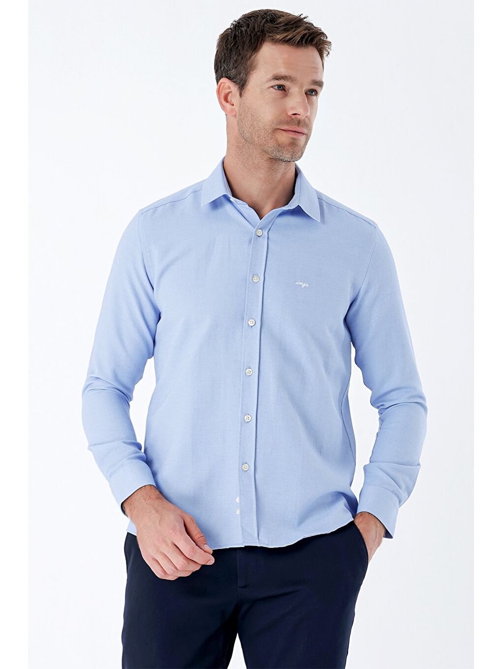 Mavi Uzun Kollu Desenli Armürlü Sert Yaka Cepsiz Klasik Slim Fit Dar Kesim Gömlek 1004235149