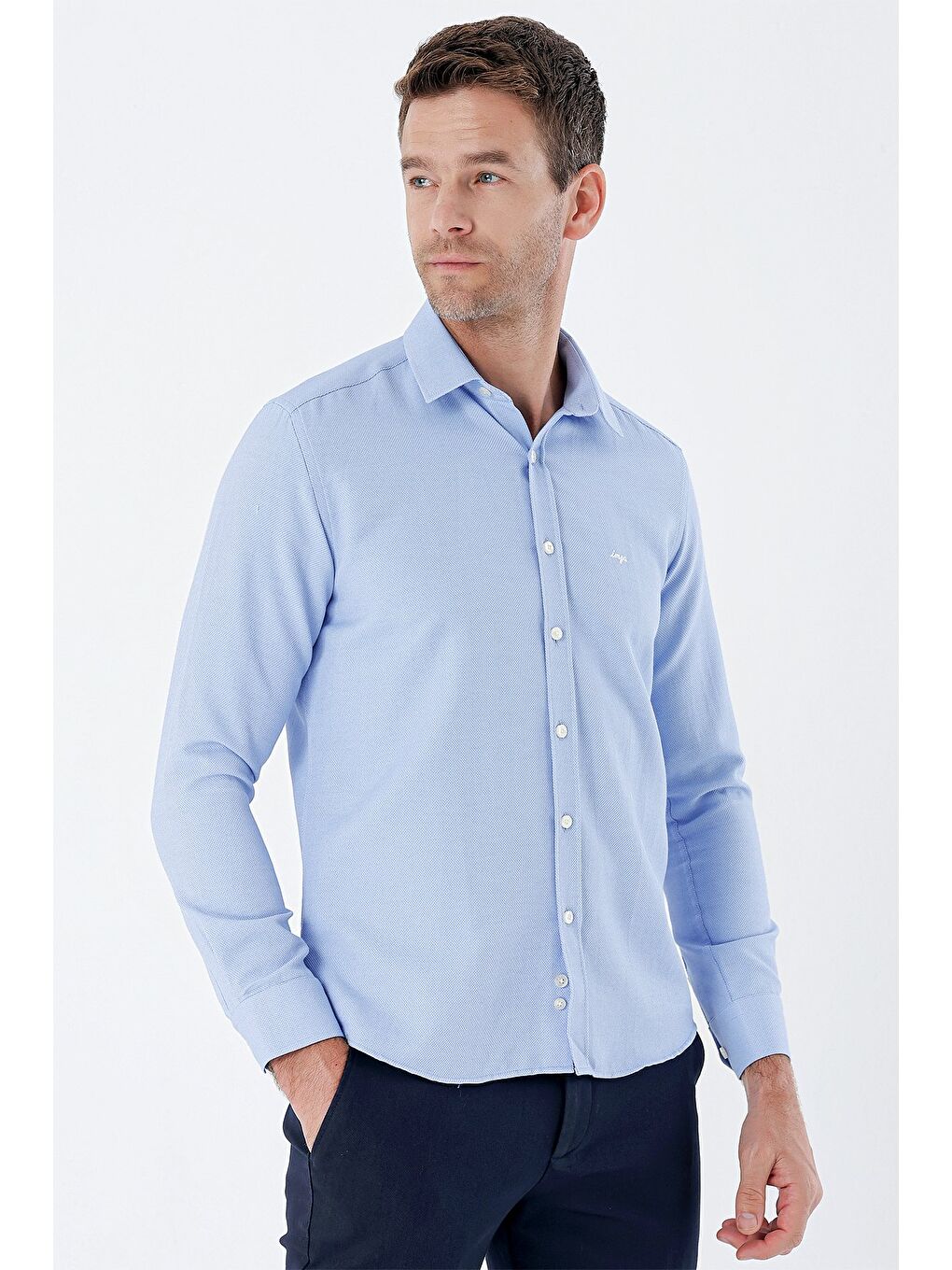 Mavi Uzun Kollu Desenli Armürlü Sert Yaka Cepsiz Klasik Slim Fit Dar Kesim Gömlek 1004235149-1