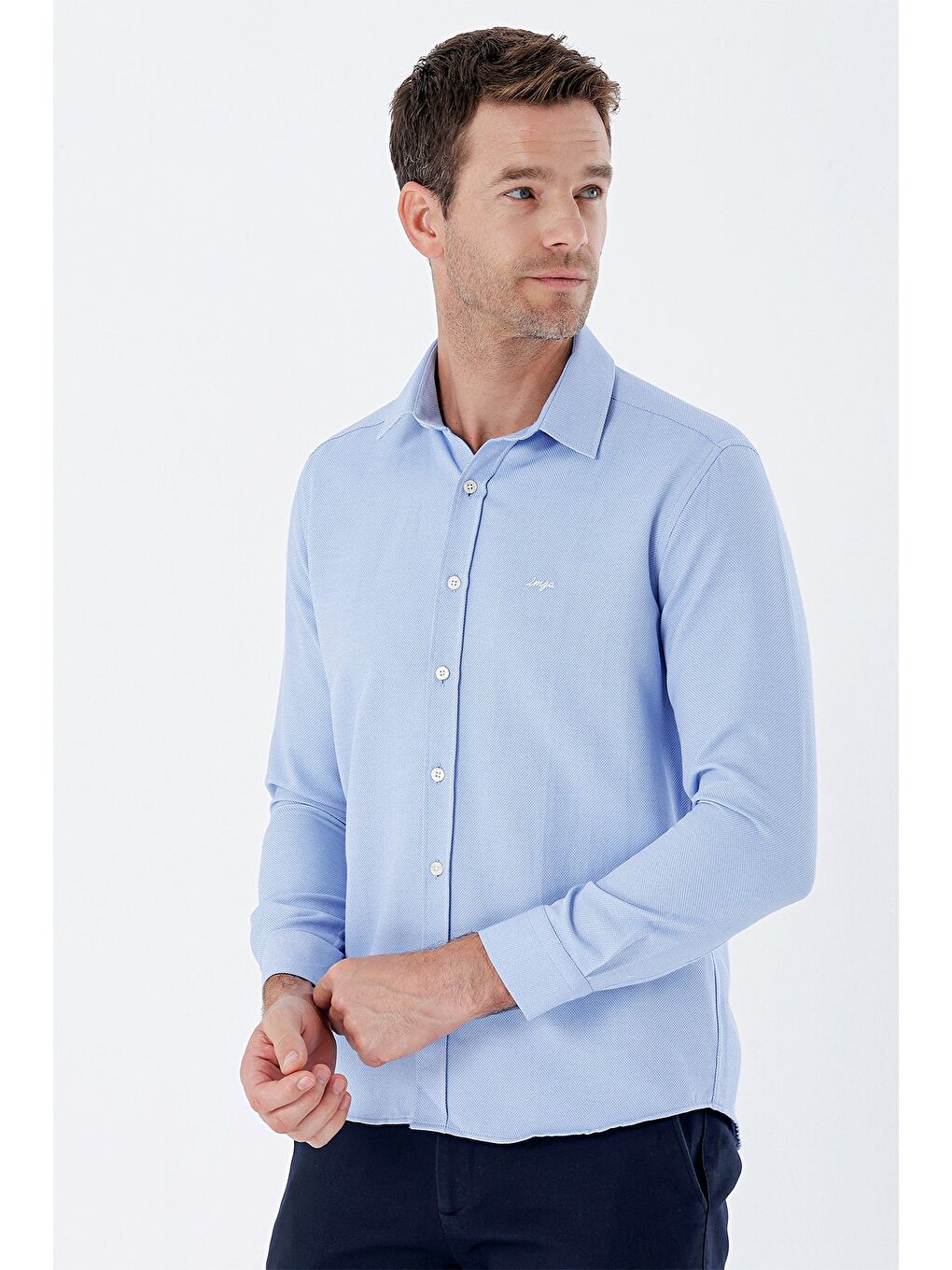 Mavi Uzun Kollu Desenli Armürlü Sert Yaka Cepsiz Klasik Slim Fit Dar Kesim Gömlek 1004235149-2