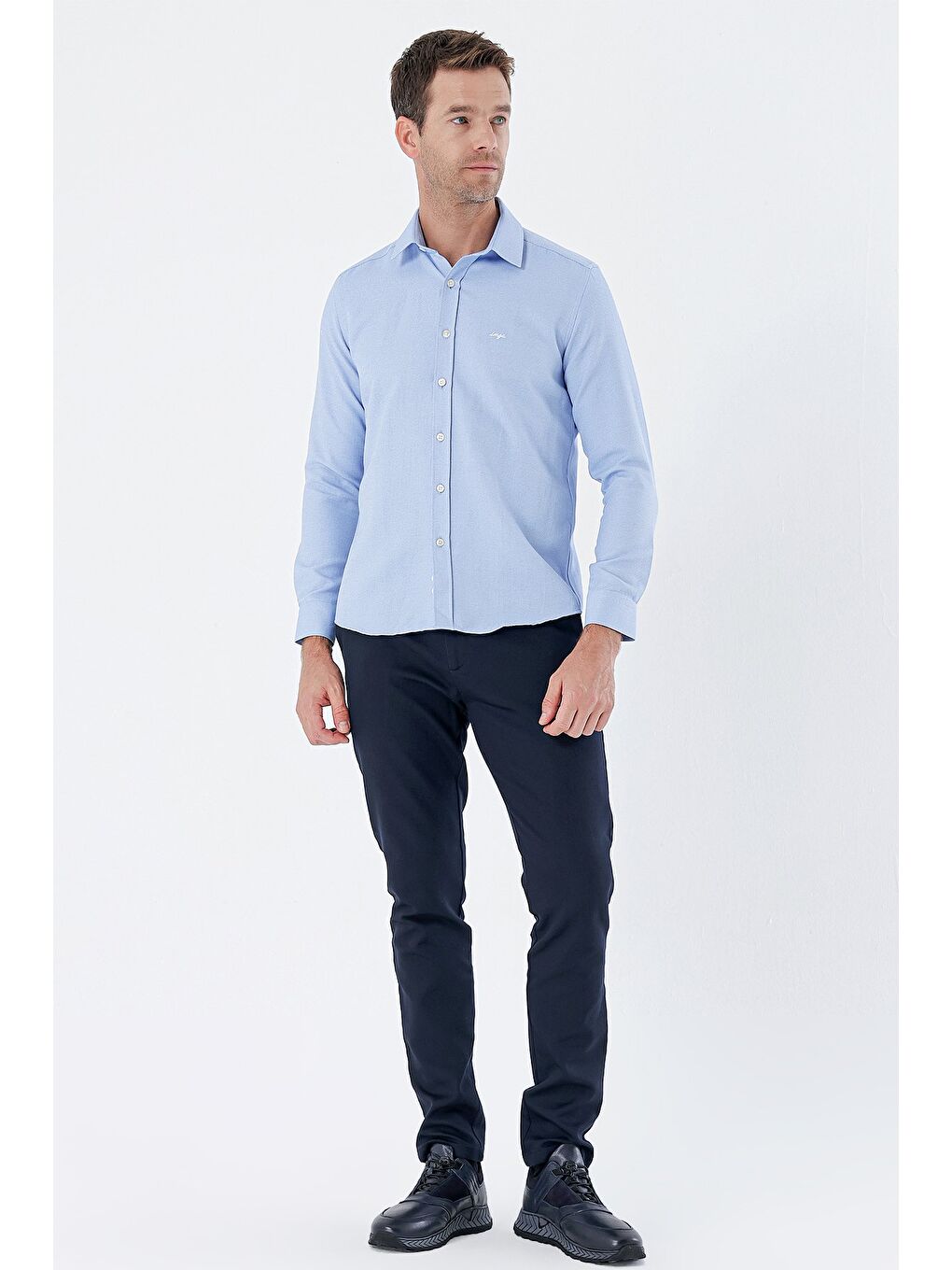 Mavi Uzun Kollu Desenli Armürlü Sert Yaka Cepsiz Klasik Slim Fit Dar Kesim Gömlek 1004235149-3