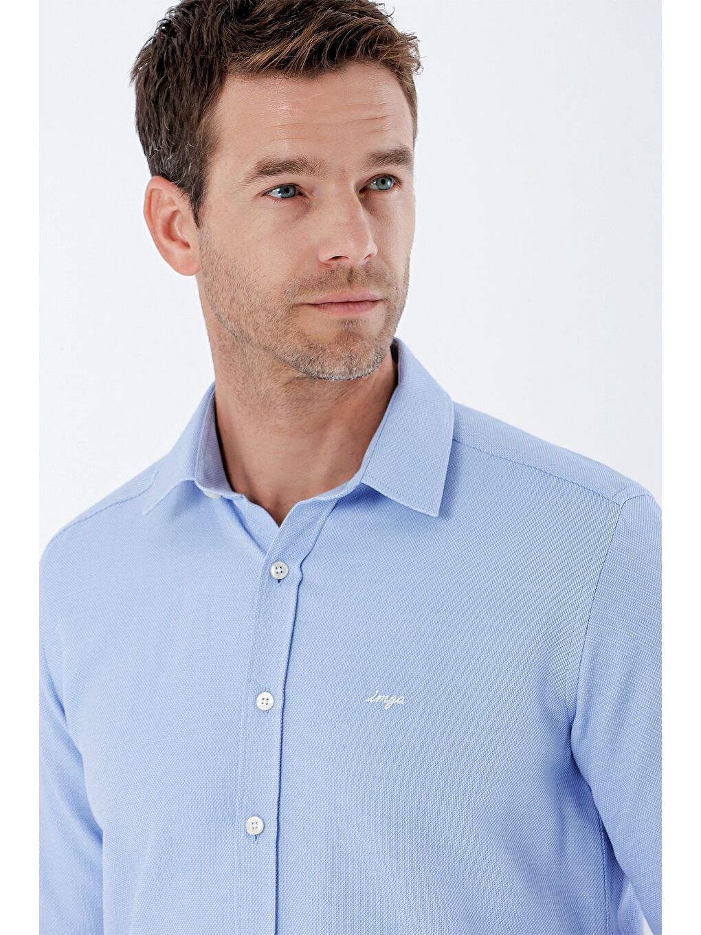 Mavi Uzun Kollu Desenli Armürlü Sert Yaka Cepsiz Klasik Slim Fit Dar Kesim Gömlek 1004235149-4