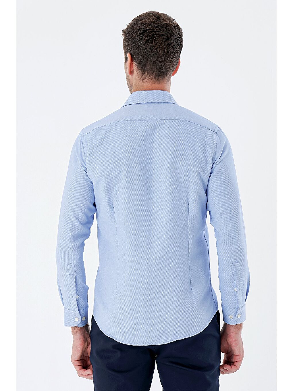Mavi Uzun Kollu Desenli Armürlü Sert Yaka Cepsiz Klasik Slim Fit Dar Kesim Gömlek 1004235149-5