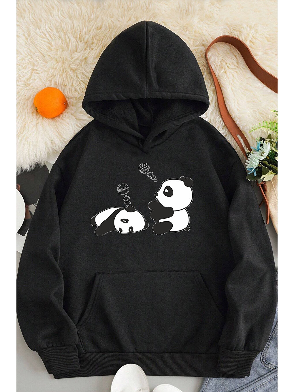 uyguntarz Siyah Unisex Panda Baskılı Oversize Hoodie