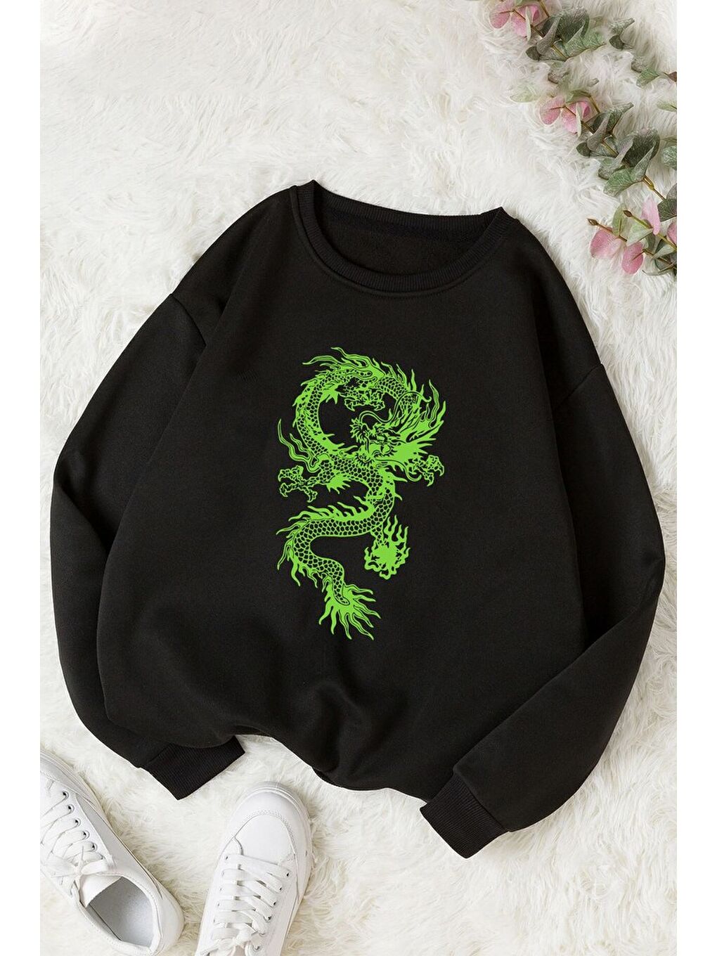 uyguntarz Siyah Unisex Chinese Dragon Bisiklet Yaka Sweatshirt