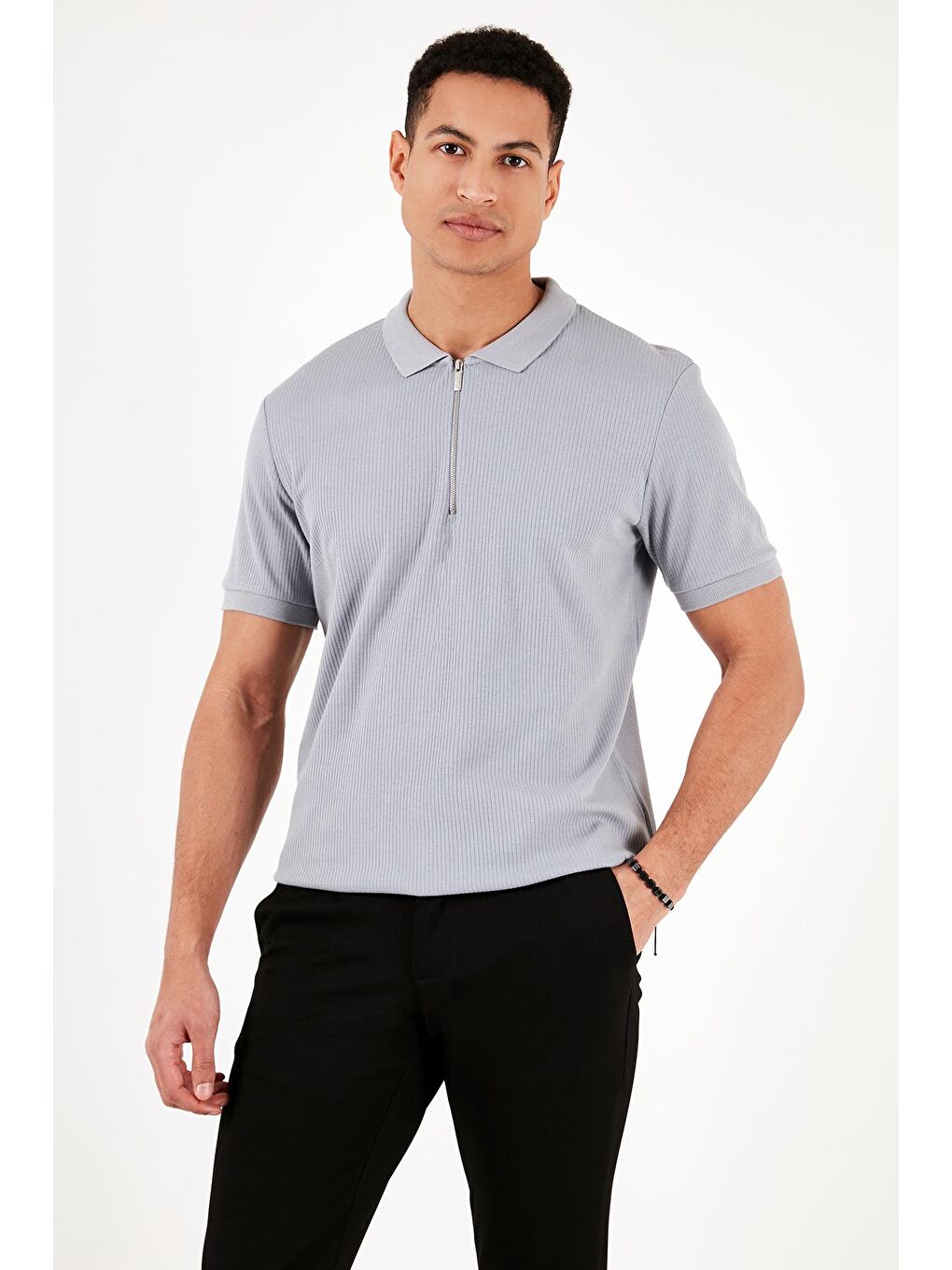 Buratti Açık Gri Pamuklu Regular Fit Fermuarlı Polo Yaka T Shirt 5902738