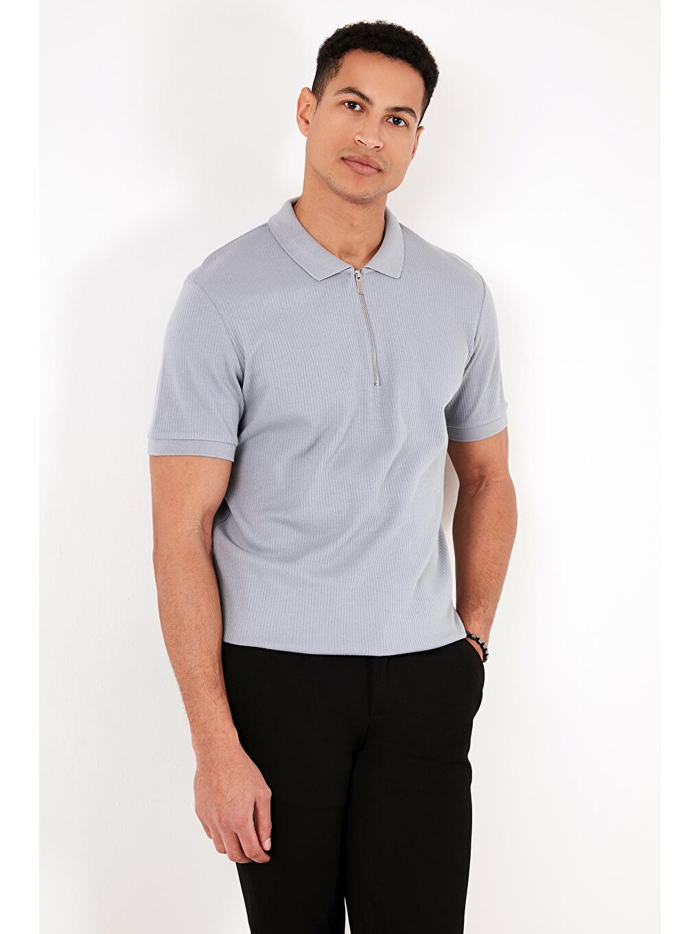 Buratti Açık Gri Pamuklu Regular Fit Fermuarlı Polo Yaka T Shirt 5902738 - 1