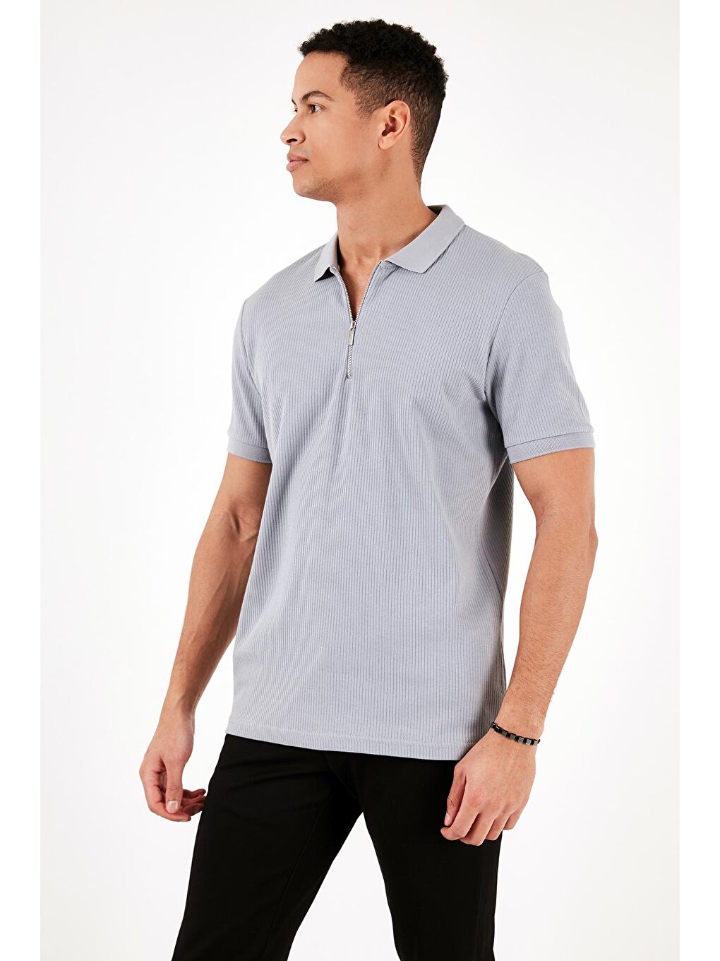 Buratti Açık Gri Pamuklu Regular Fit Fermuarlı Polo Yaka T Shirt 5902738 - 2