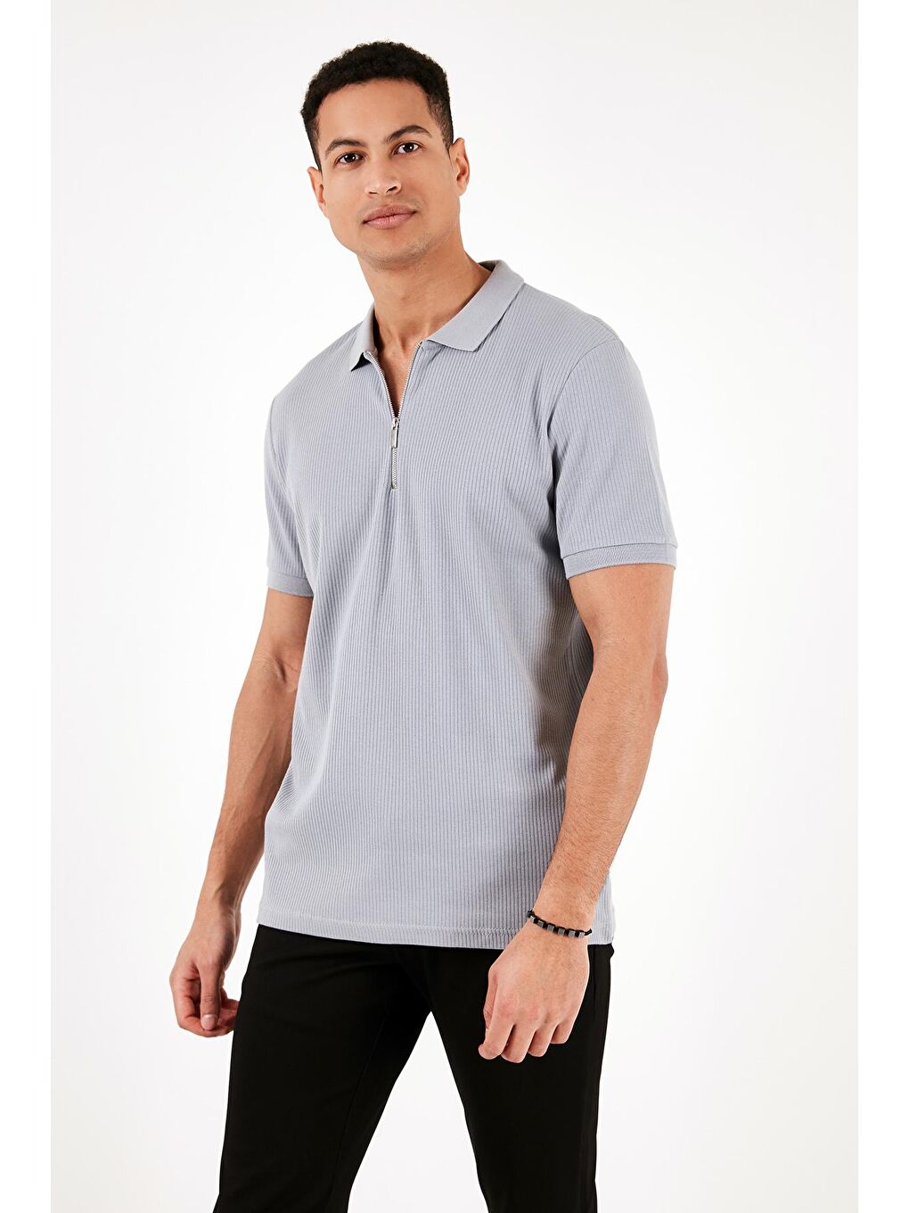 Buratti Açık Gri Pamuklu Regular Fit Fermuarlı Polo Yaka T Shirt 5902738 - 3