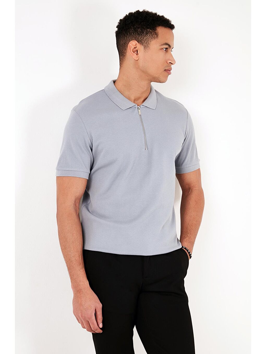 Buratti Açık Gri Pamuklu Regular Fit Fermuarlı Polo Yaka T Shirt 5902738 - 4