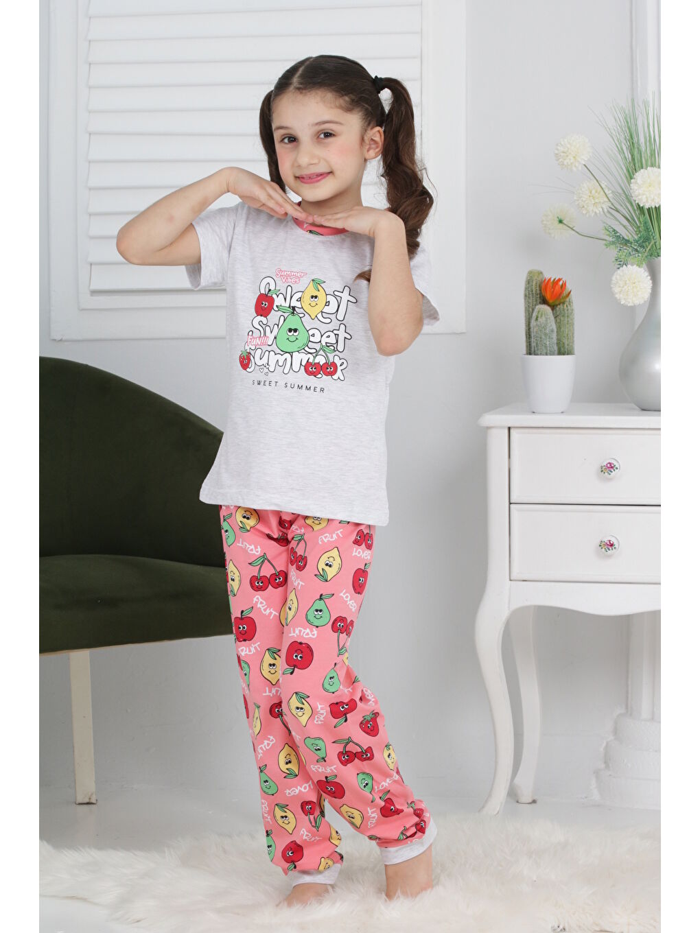 Kapi Kids Gri Kız Çocuk Meyve Baskılı Pijama Takımı 3-11 Yaş Mnx - 1