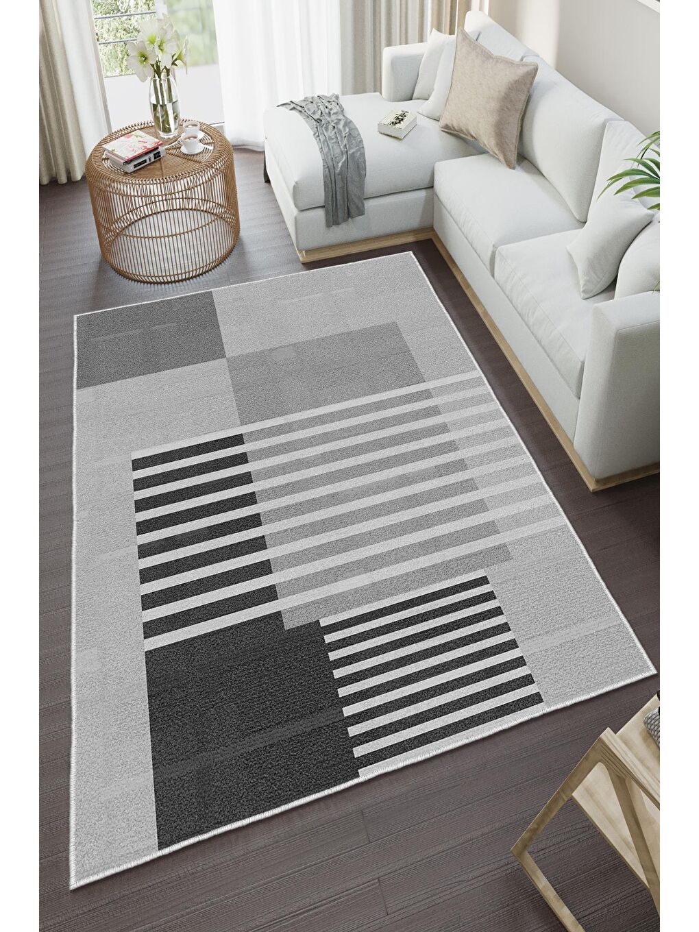 Gri Özel Tasarım, Kaymaz Taban, İnce, Yıkanabilir, Modern Halı WOOKECE1484 160x230-2