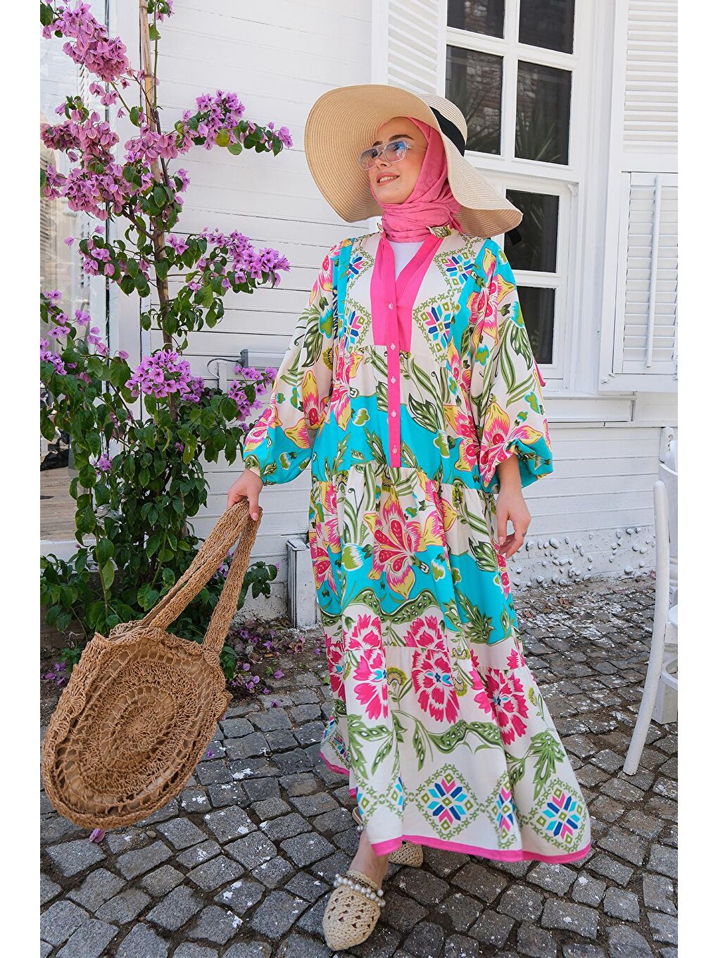 Desenli Elbise Açık Mavi