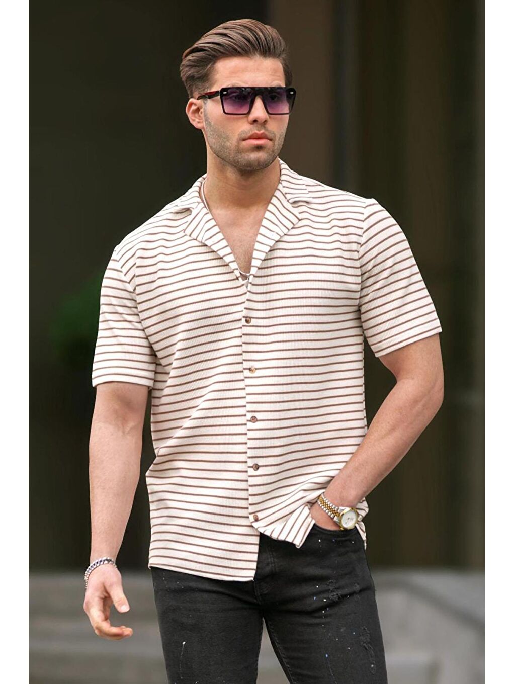 Beyaz Çizgili Kısa Kollu Erkek Gömlek 6703