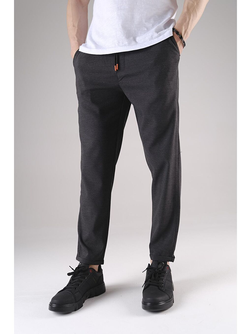 Gri Erkek Beli Lastikli Duble Paça Erkek Jogger Pantolon-1
