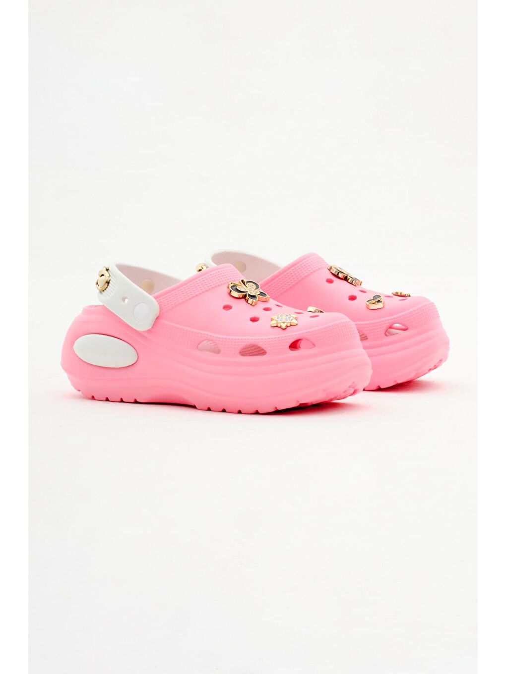 Kadın Pembe Beyaz Çıkartılabilir Taban Zincir Detaylı Yüksek Taban Eva Sandalet-1