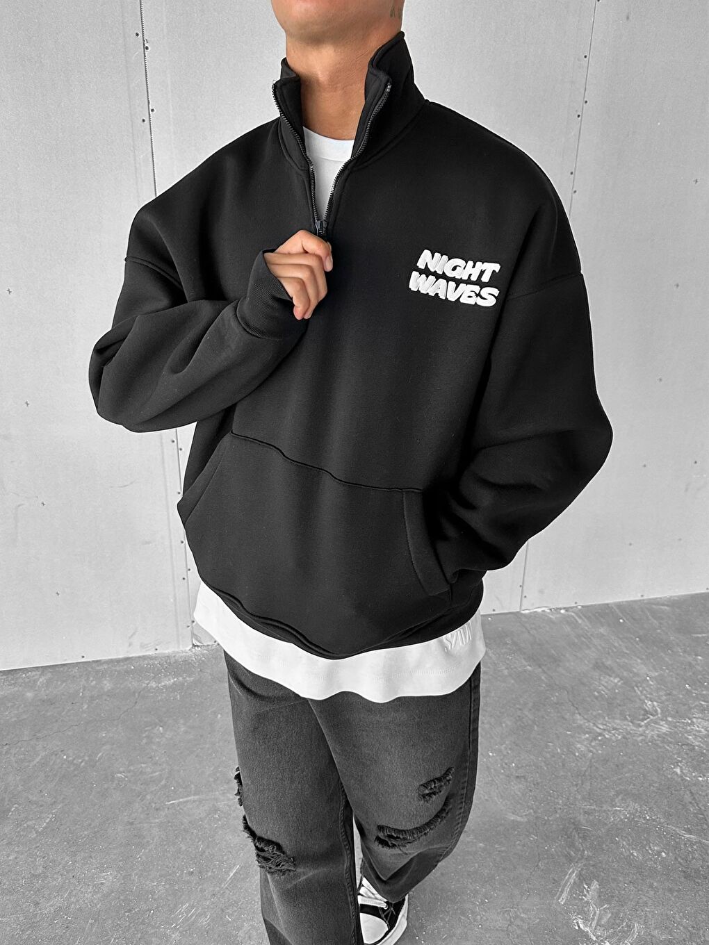 Erkek Oversize Yarım Fermuarlı Dik Yakalı Baskılı Sweatshirt Siyah
