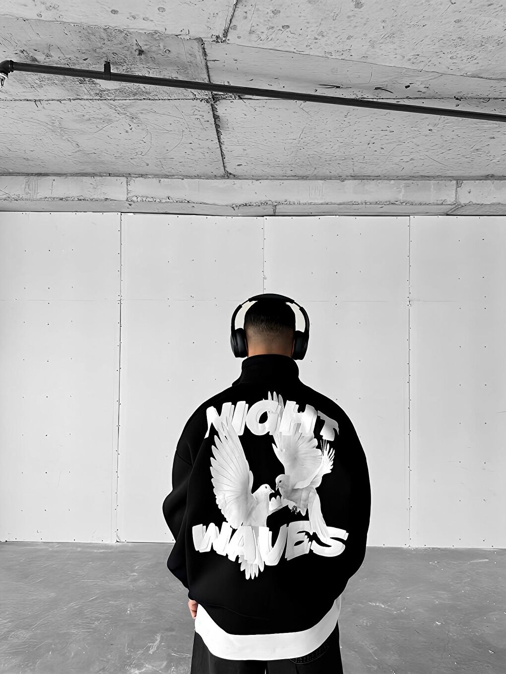 Erkek Oversize Yarım Fermuarlı Dik Yakalı Baskılı Sweatshirt Siyah-2