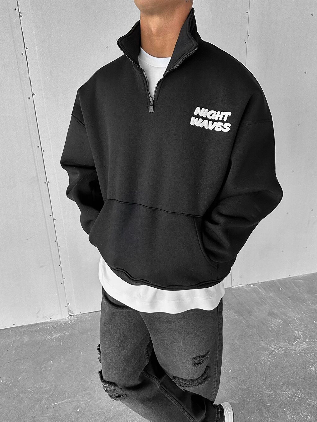 Erkek Oversize Yarım Fermuarlı Dik Yakalı Baskılı Sweatshirt Siyah-3