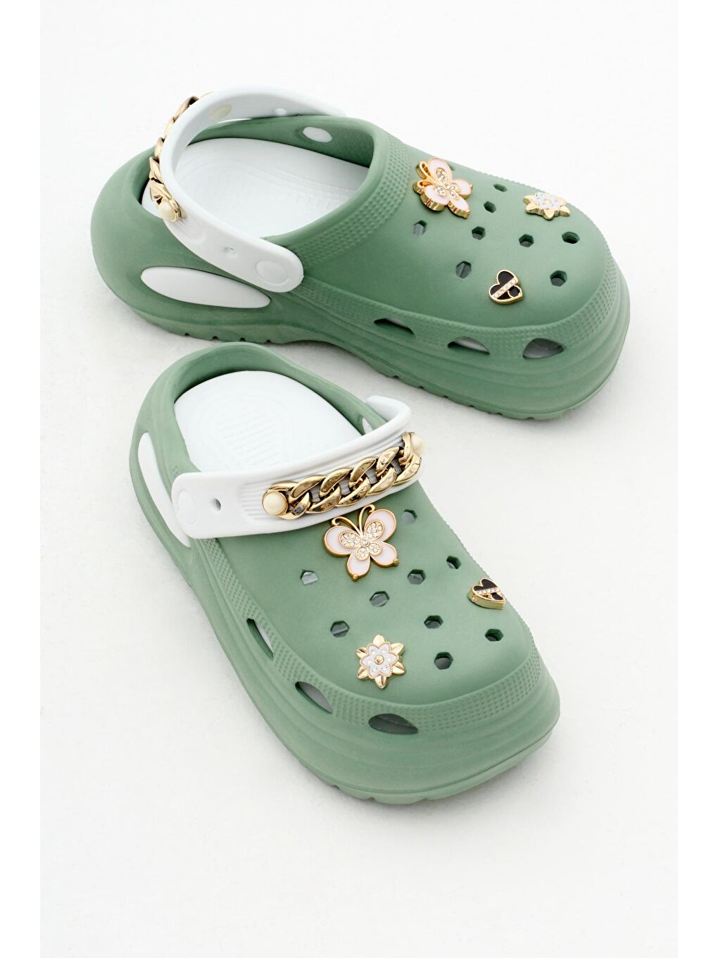 Kadın Yeşil Beyaz Çıkartılabilir Taban Zincir Detaylı Yüksek Taban Eva Sandalet-2