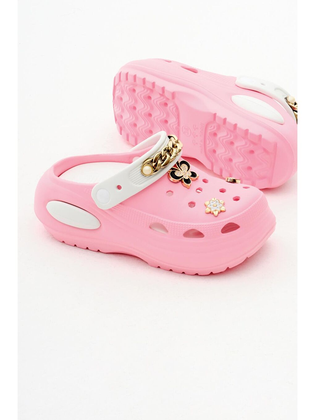 Kadın Pembe Beyaz Çıkartılabilir Taban Zincir Detaylı Yüksek Taban Eva Sandalet-3