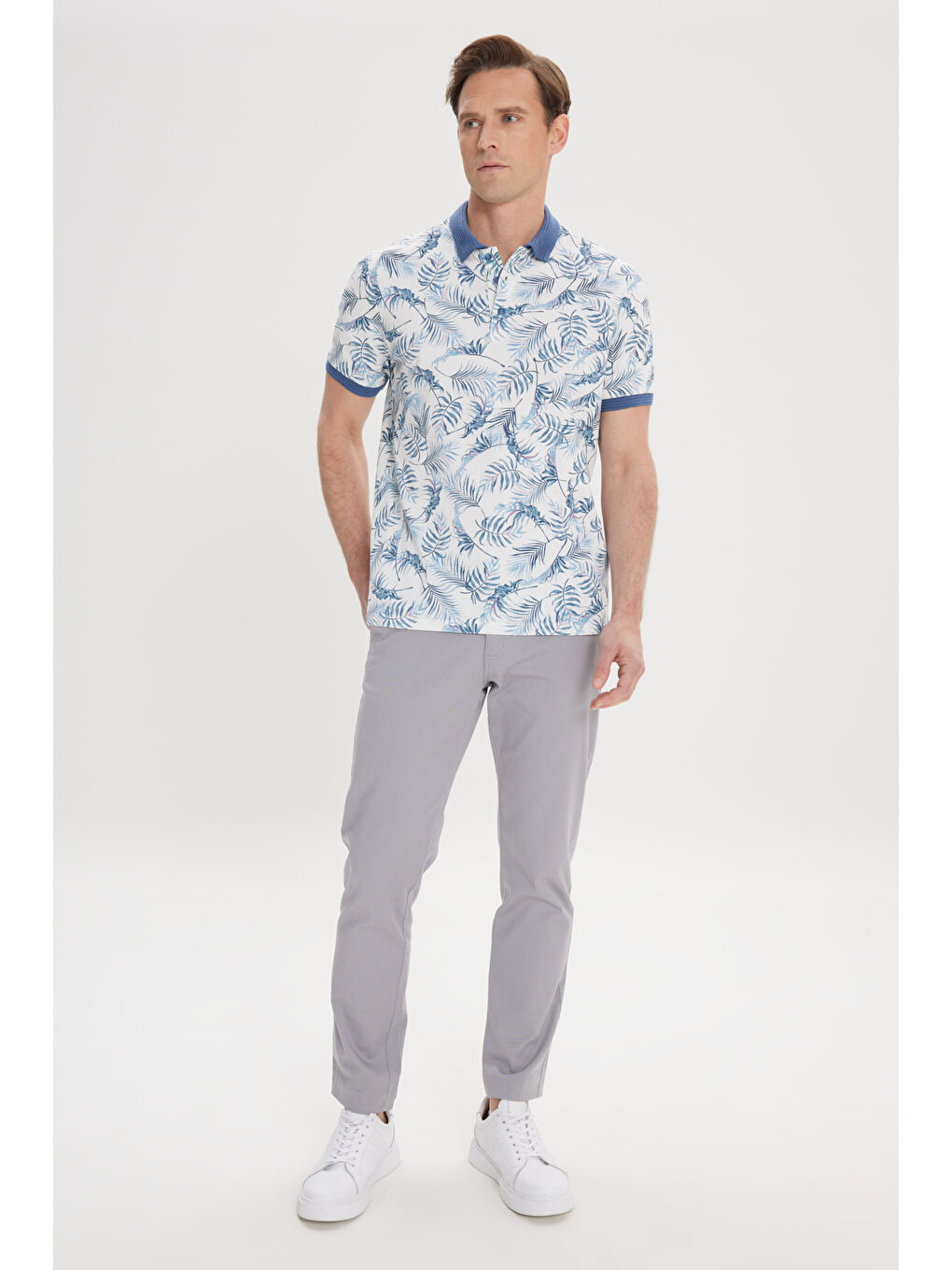 Bej Erkek Beyaz-İndigo Slim Fit Dar Kesim %100 Pamuk Baskılı Polo Yaka Tişört-1