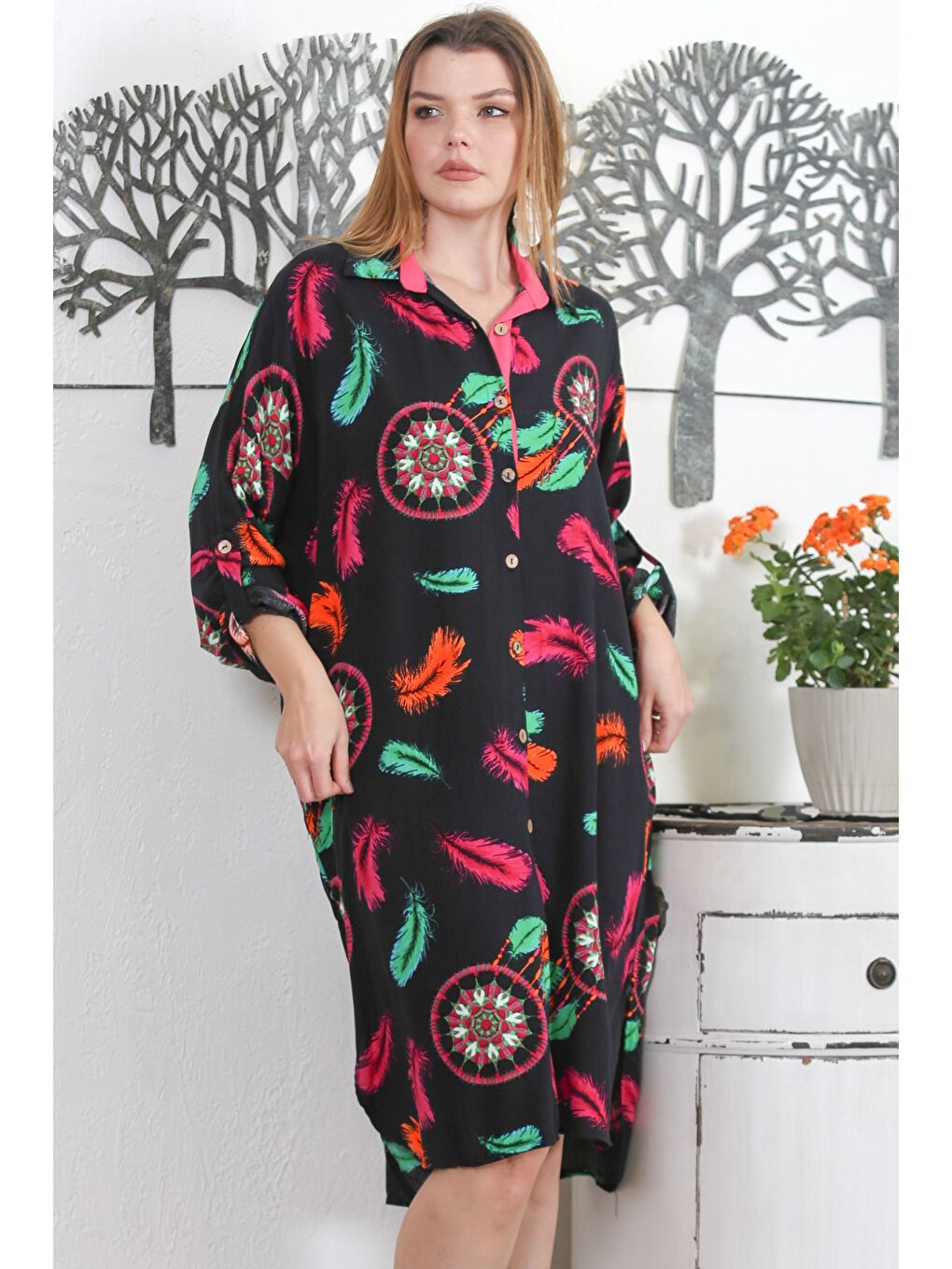 Siyah Gömlek Yaka Uzun Kol Düğmeli Gizli Cepli Allover Baskılı Dokuma Casual Elbise-2
