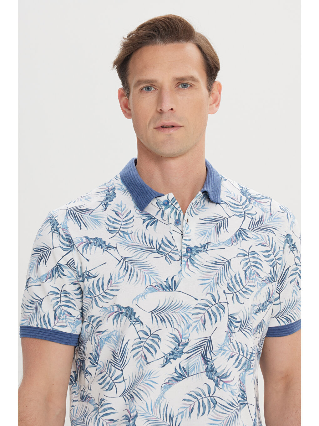 Bej Erkek Beyaz-İndigo Slim Fit Dar Kesim %100 Pamuk Baskılı Polo Yaka Tişört-2