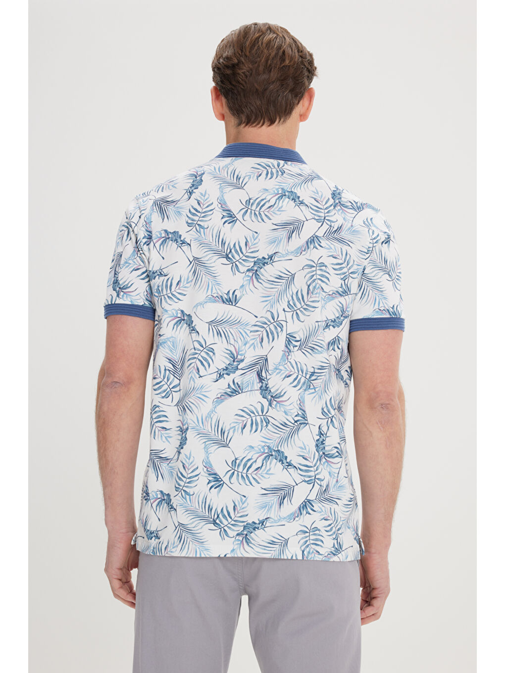 Bej Erkek Beyaz-İndigo Slim Fit Dar Kesim %100 Pamuk Baskılı Polo Yaka Tişört-3