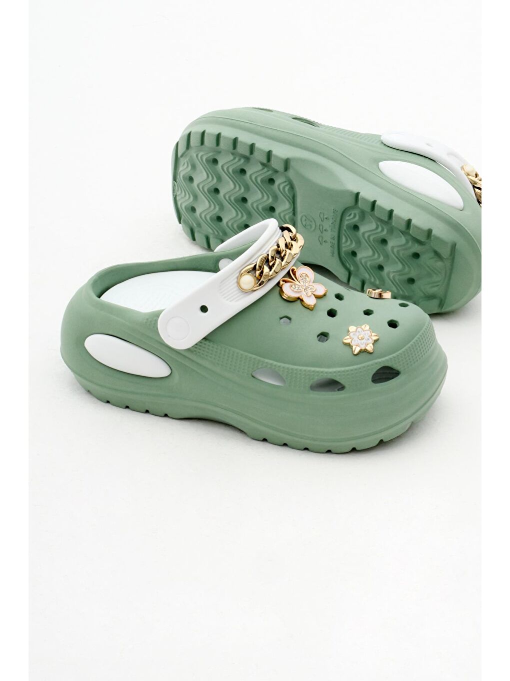 Kadın Yeşil Beyaz Çıkartılabilir Taban Zincir Detaylı Yüksek Taban Eva Sandalet-3