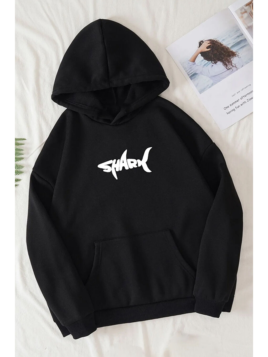 uyguntarz Açık Antrasit Unisex Shark Baskılı Oversize Hoodie