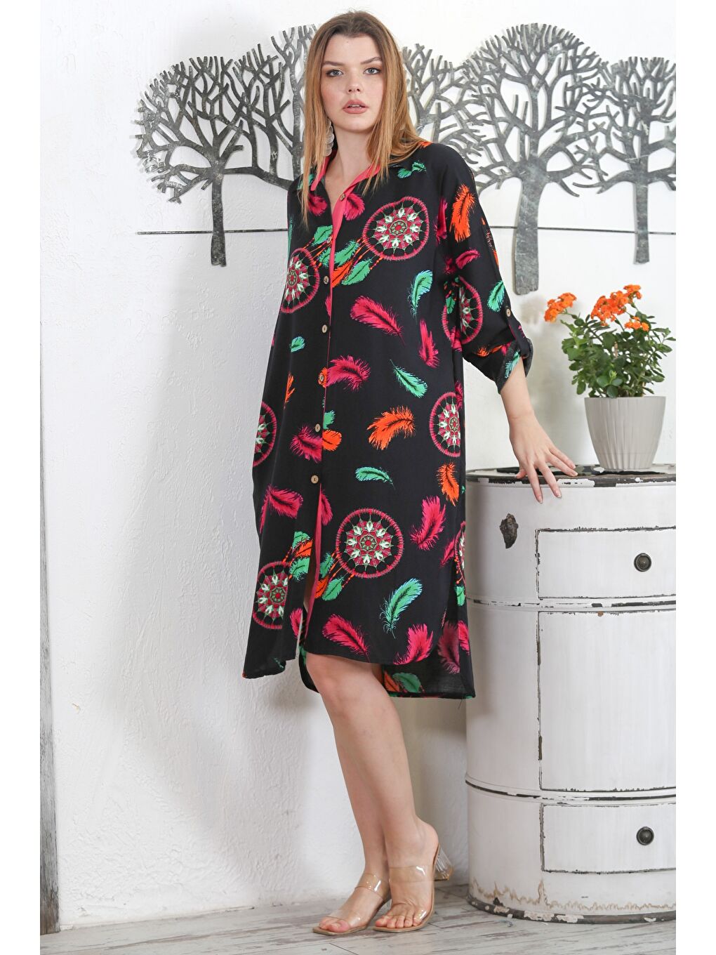 Siyah Gömlek Yaka Uzun Kol Düğmeli Gizli Cepli Allover Baskılı Dokuma Casual Elbise-4