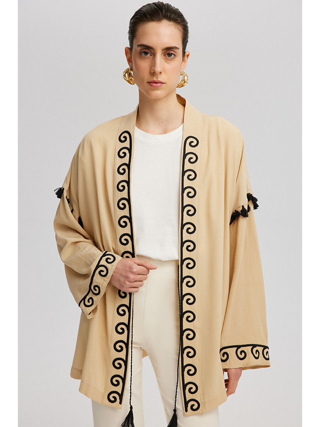 Touche Prive Ekru Doğal Dokulu Nakışlı Kimono - 1