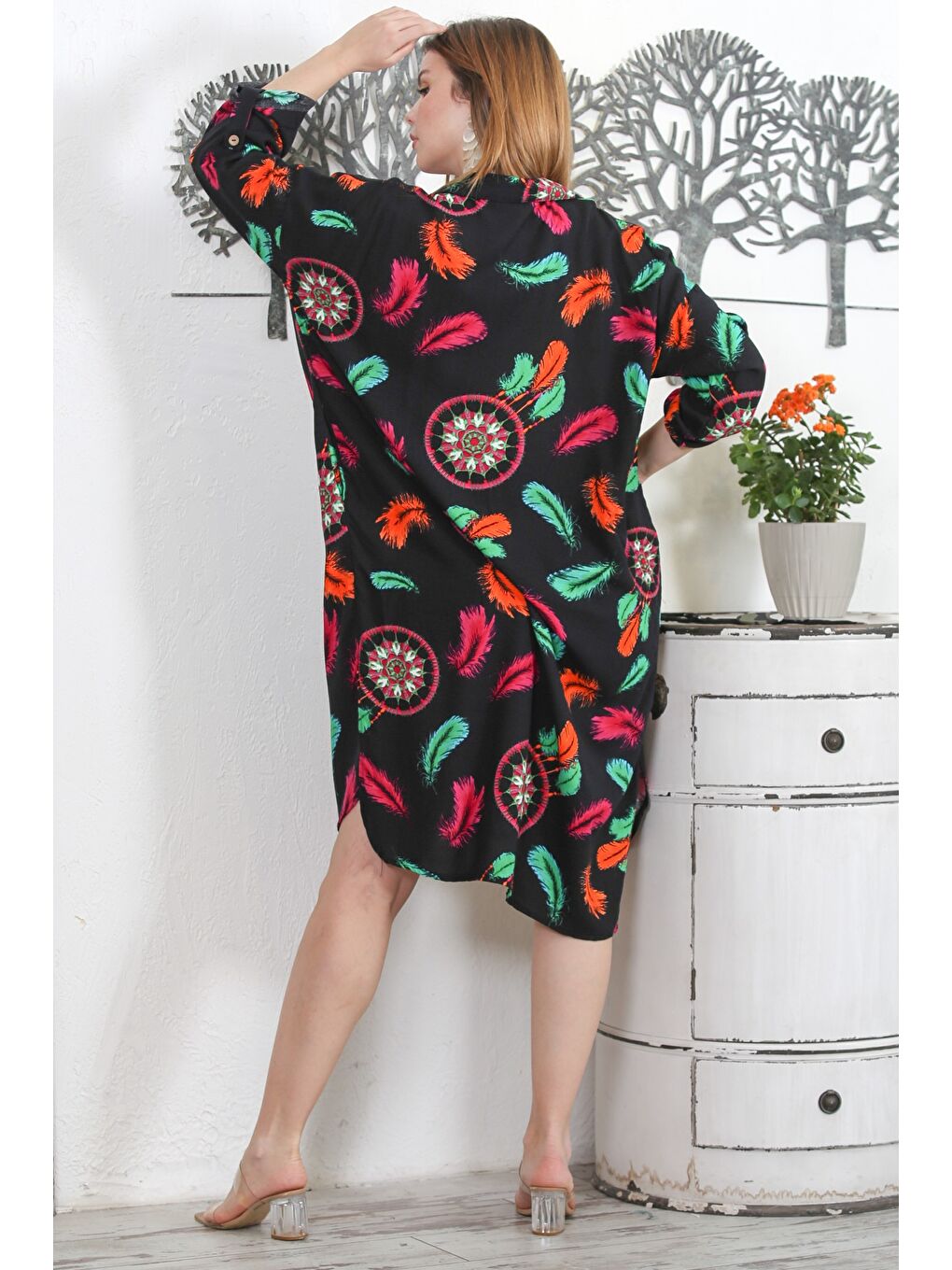 Siyah Gömlek Yaka Uzun Kol Düğmeli Gizli Cepli Allover Baskılı Dokuma Casual Elbise-6