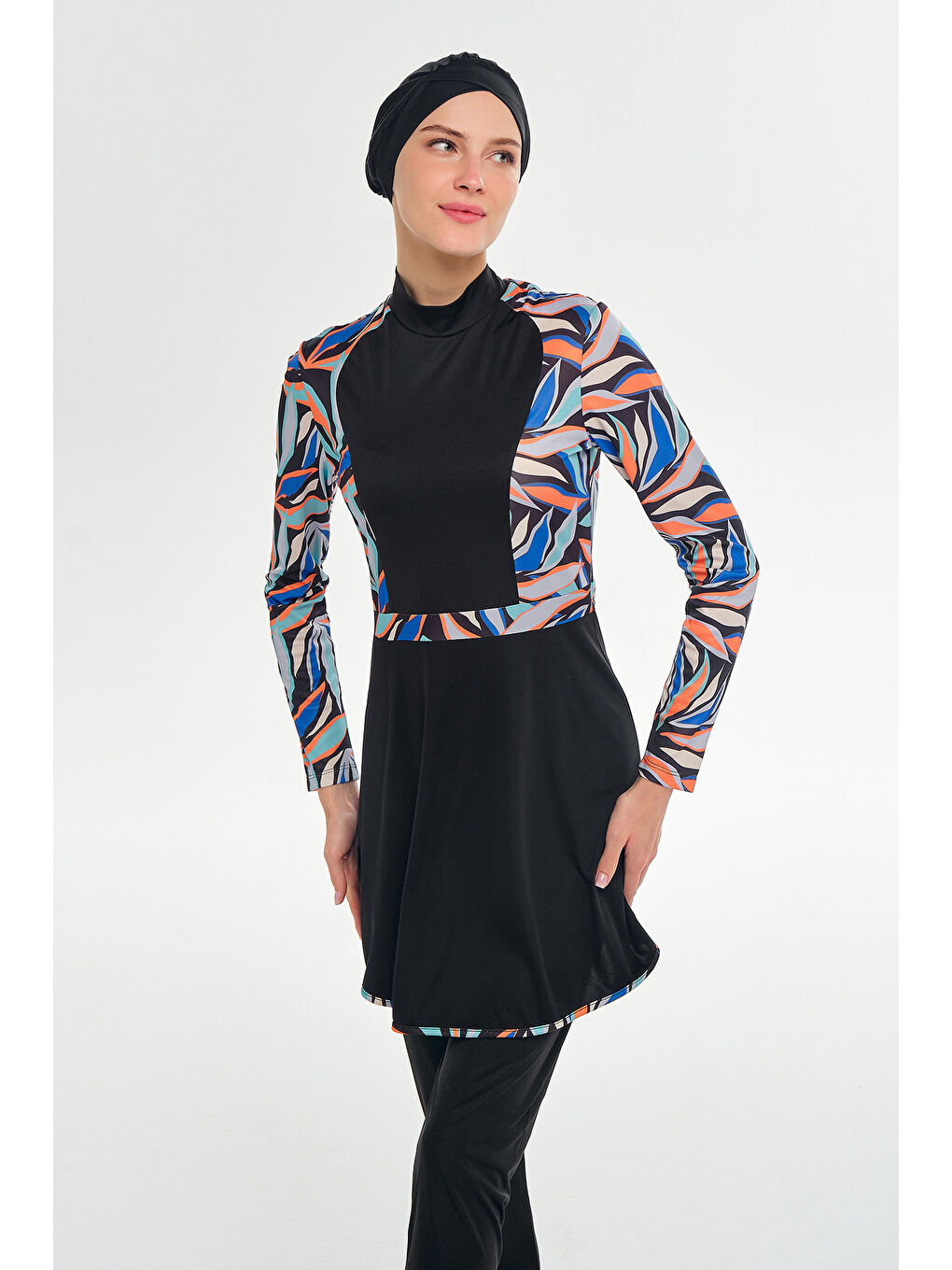 Elastanlı Tam Kapalı Tesettür Mayo Desen Detaylı 3117 Siyah-4