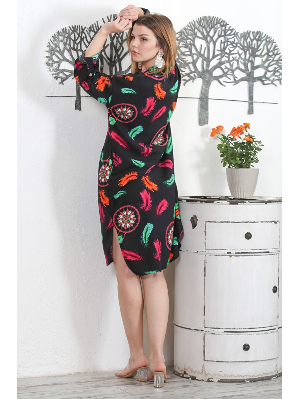 Siyah Gömlek Yaka Uzun Kol Düğmeli Gizli Cepli Allover Baskılı Dokuma Casual Elbise-7