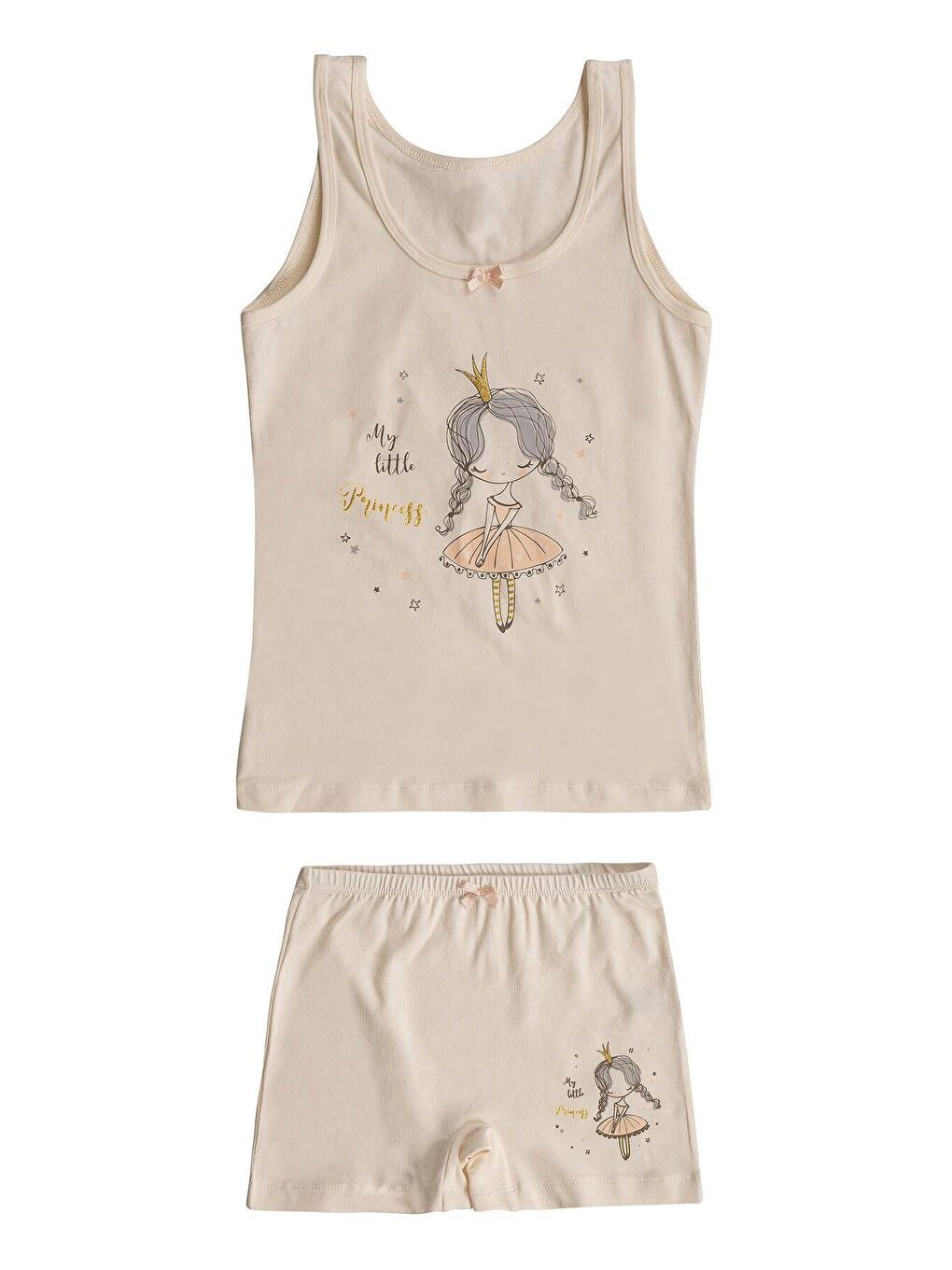 Ekru Kız Çocuk Pamuklu Önü Baskılı Süprem Kalın Askılı Atlet Şort İç Giyim Takım | 43159