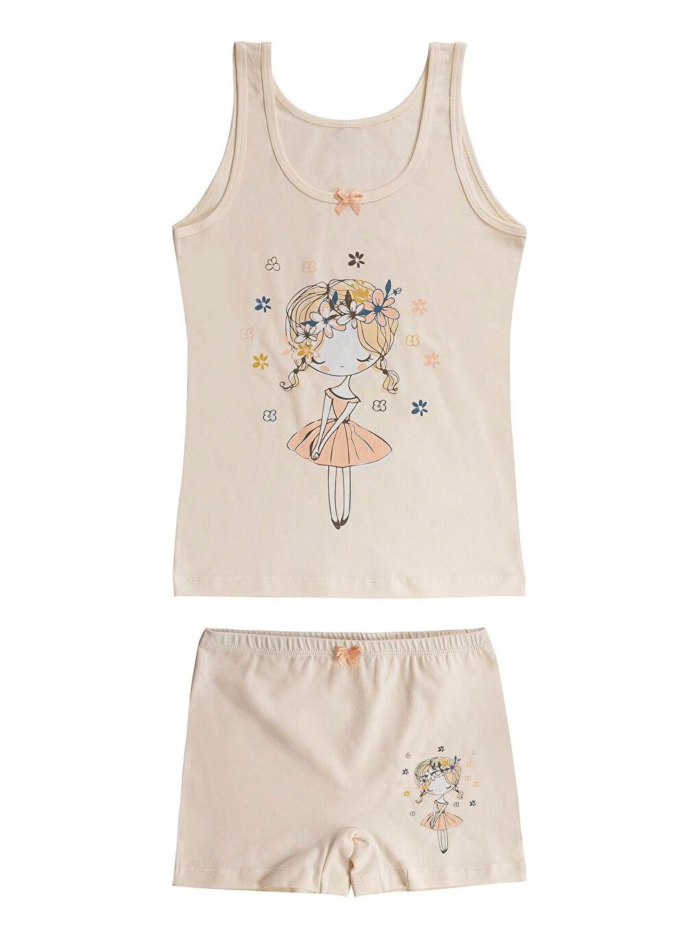 Ekru Kız Çocuk Pamuklu Önü Baskılı Süprem Kalın Askılı Atlet Şort İç Giyim Takım | 43163