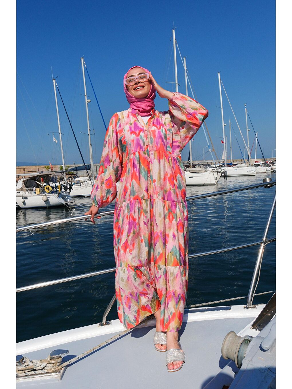 Sulu Boya Desen Elbise  Turuncu-1