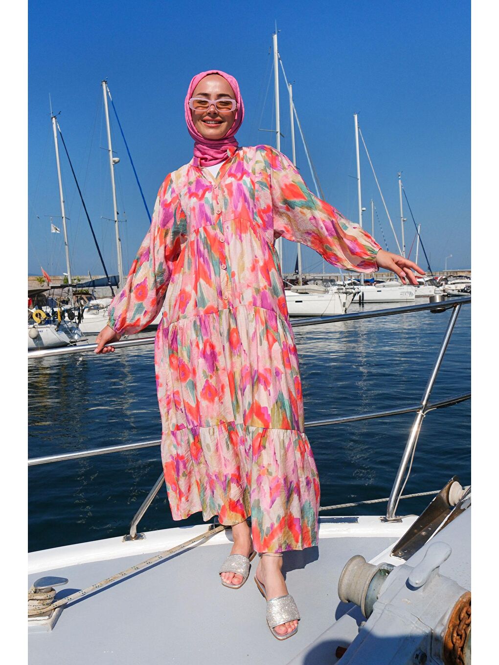 Sulu Boya Desen Elbise  Turuncu-2