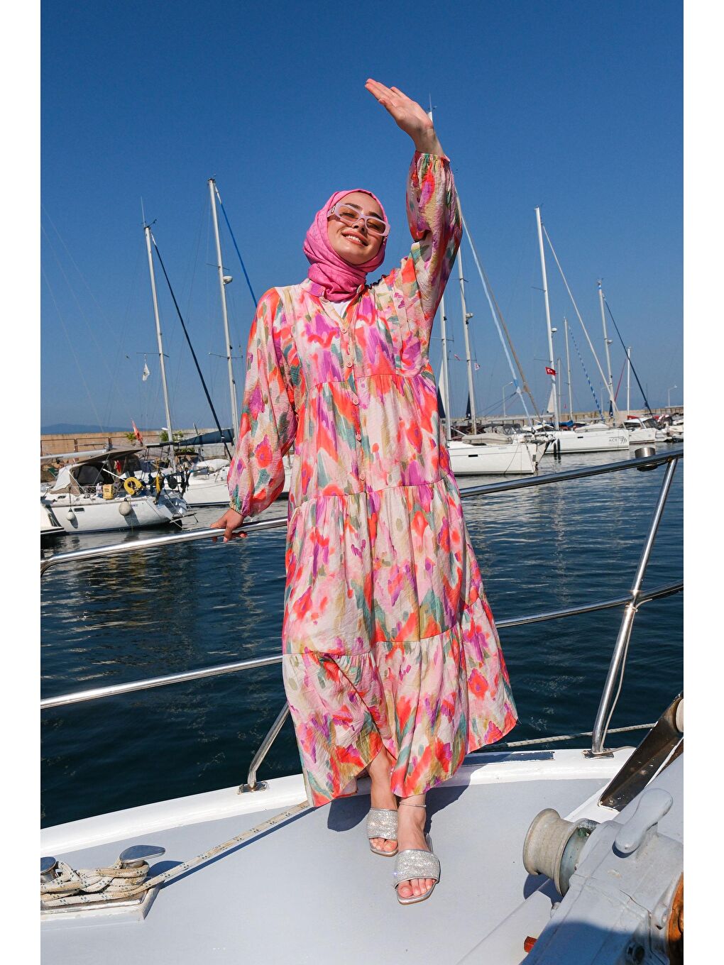 Sulu Boya Desen Elbise  Turuncu-3